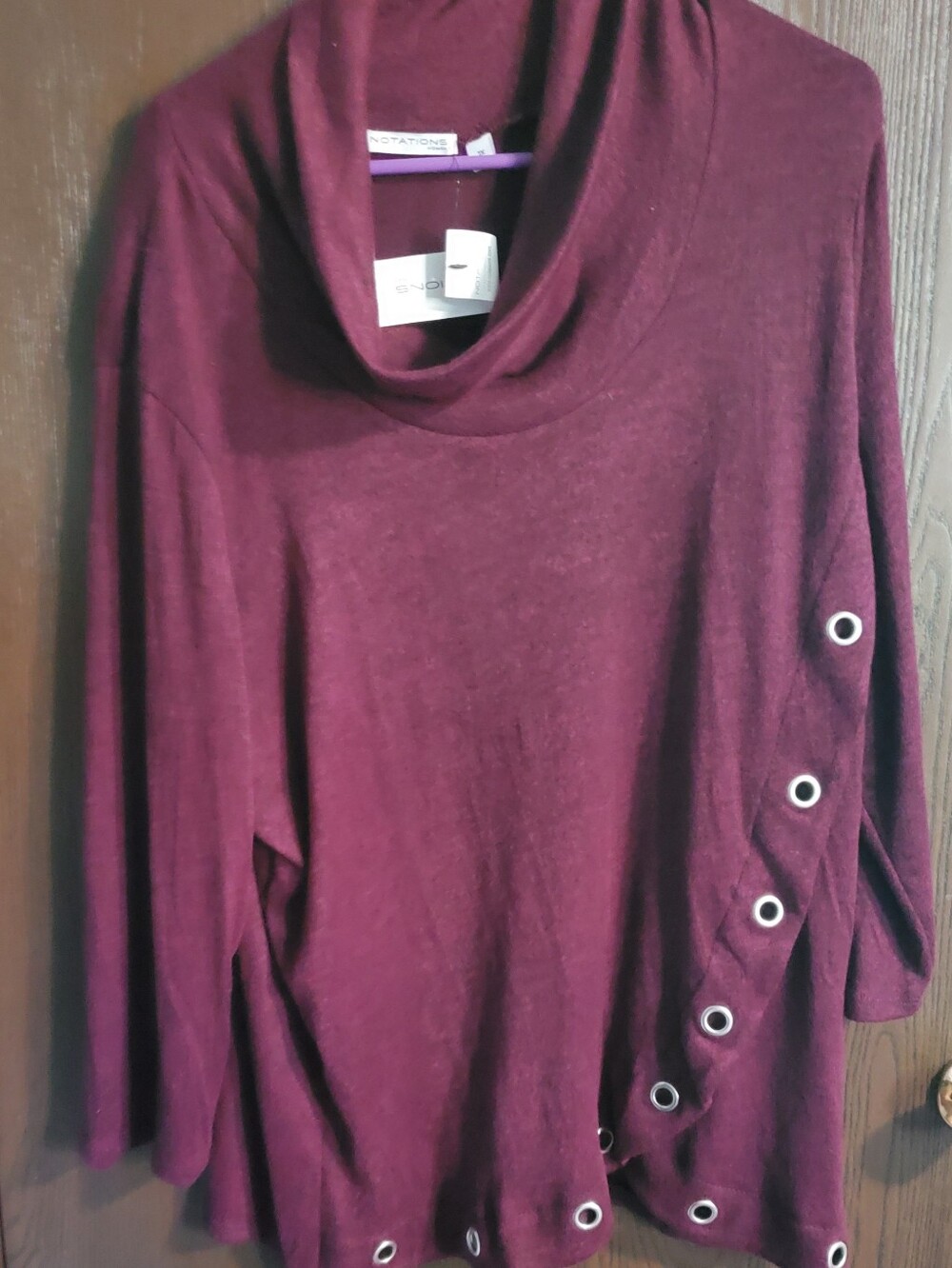 Notations Women's Wine Cowl Neck Sweater with Eyelet Accents